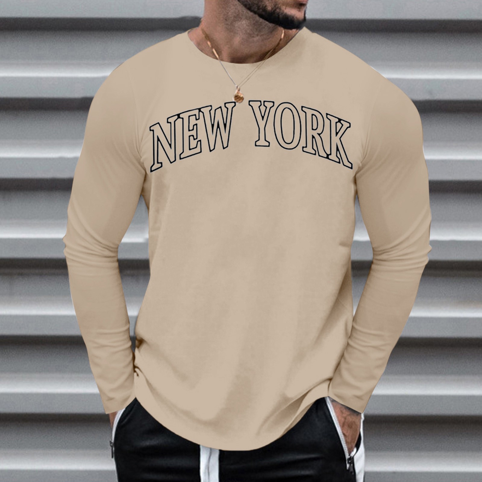 thumbnail image 5 of Camiseta informal de manga larga y cuello redondo con estampado de letras para hombre - Mezcla de poliéster suave, cuello redondo, versátil para fiestas/ocio - Tallas M-XXXL, 5 of 7
